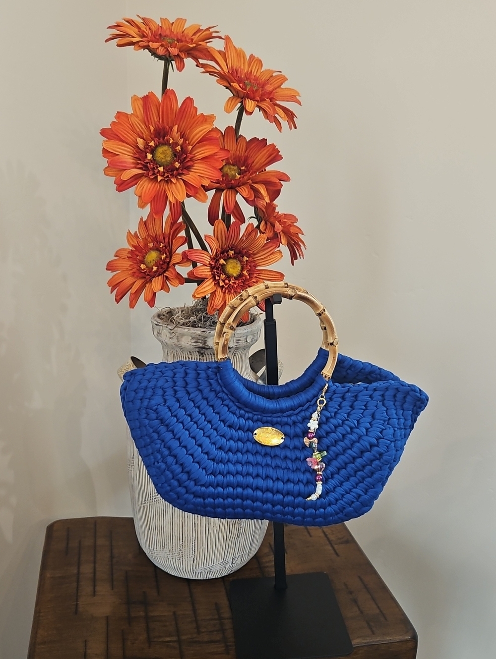 Hand Crocheted Blue Handbag with Bamboo Handles.  Handmade By Me!